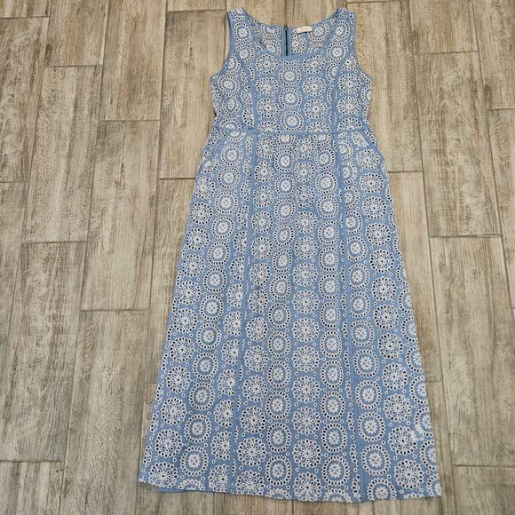 Wrap London Eyelet Dress Womens 10 Blue White Midi Sleeveless Cotton Lined - Picture 1 of 11